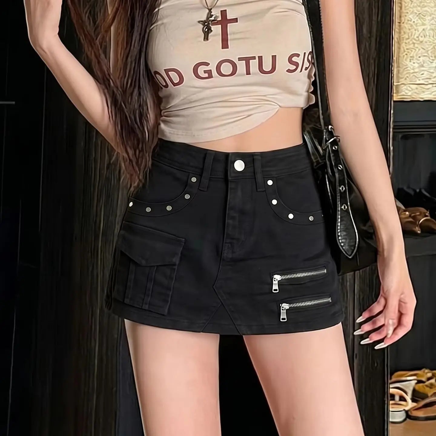 Y2K Gothic Zipper Studs Black Denim Mini Skirt