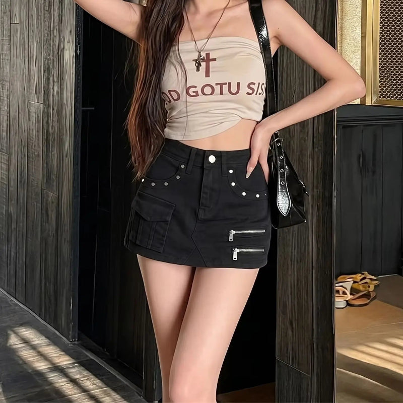 Y2K Gothic Zipper Studs Black Denim Mini Skirt