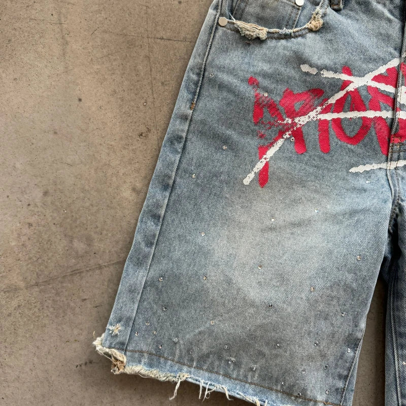 Y2K Graffiti Graphic Rhinestone Distressed Shorts Jorts