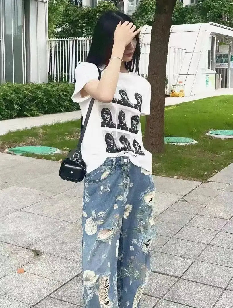 Y2K Graphic Floral Print Distressed Baggy Jeans