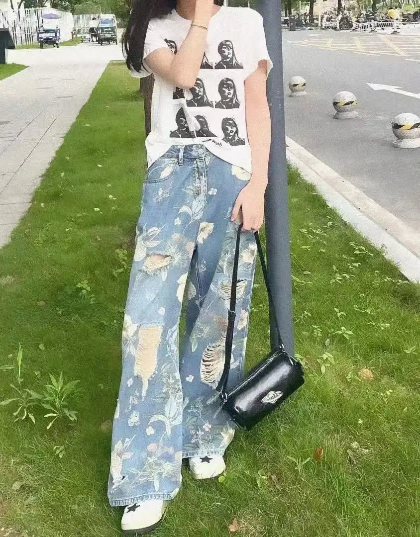 Y2K Graphic Floral Print Distressed Baggy Jeans