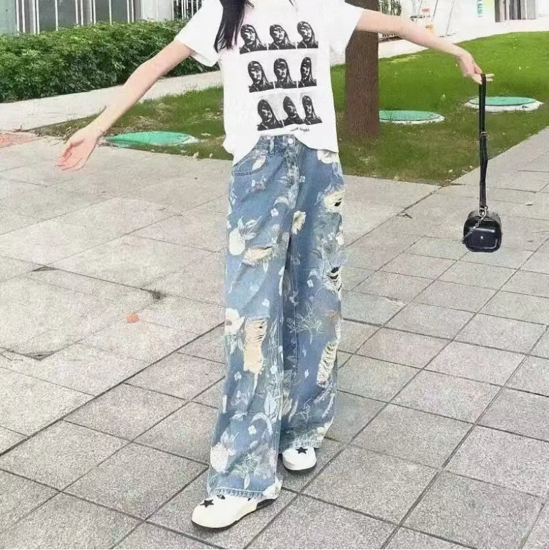 Y2K Graphic Floral Print Distressed Baggy Jeans