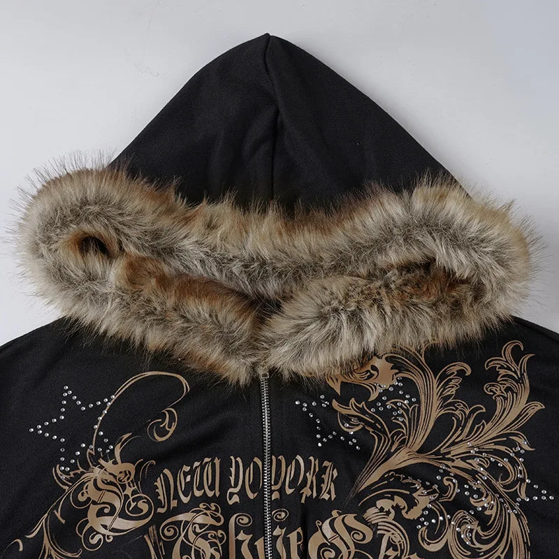 Y2K Graphic Print Slim Fit Cropped Zip Up Faux Fur Hoodie