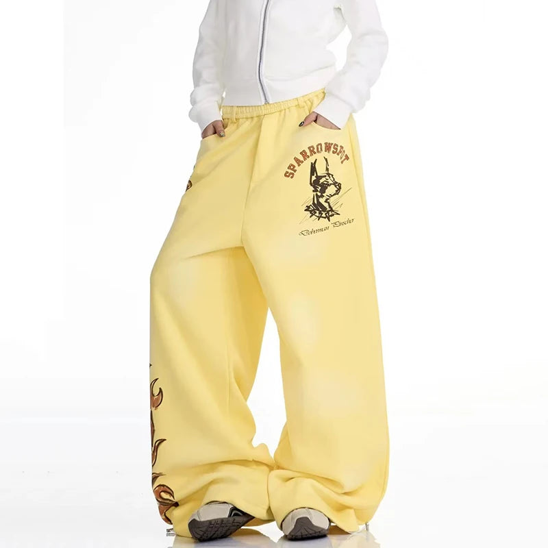 Y2K Graphic Wide Leg Yellow Sweatpants Joggers Trousers