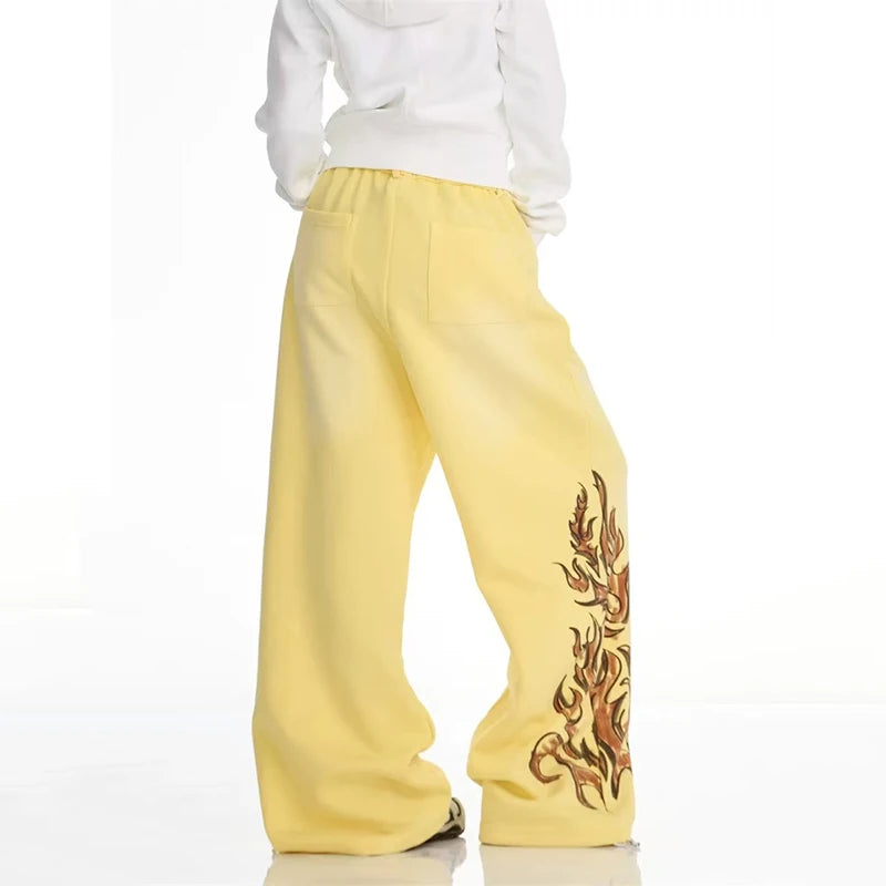 Y2K Graphic Wide Leg Yellow Sweatpants Joggers Trousers