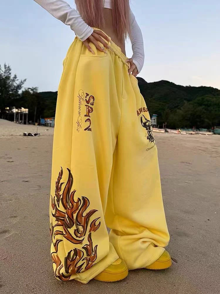 Y2K Graphic Wide Leg Yellow Sweatpants Joggers Trousers