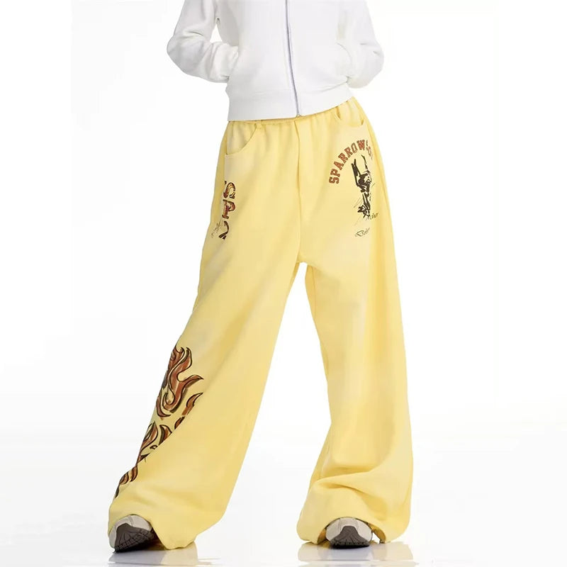 Y2K Graphic Wide Leg Yellow Sweatpants Joggers Trousers