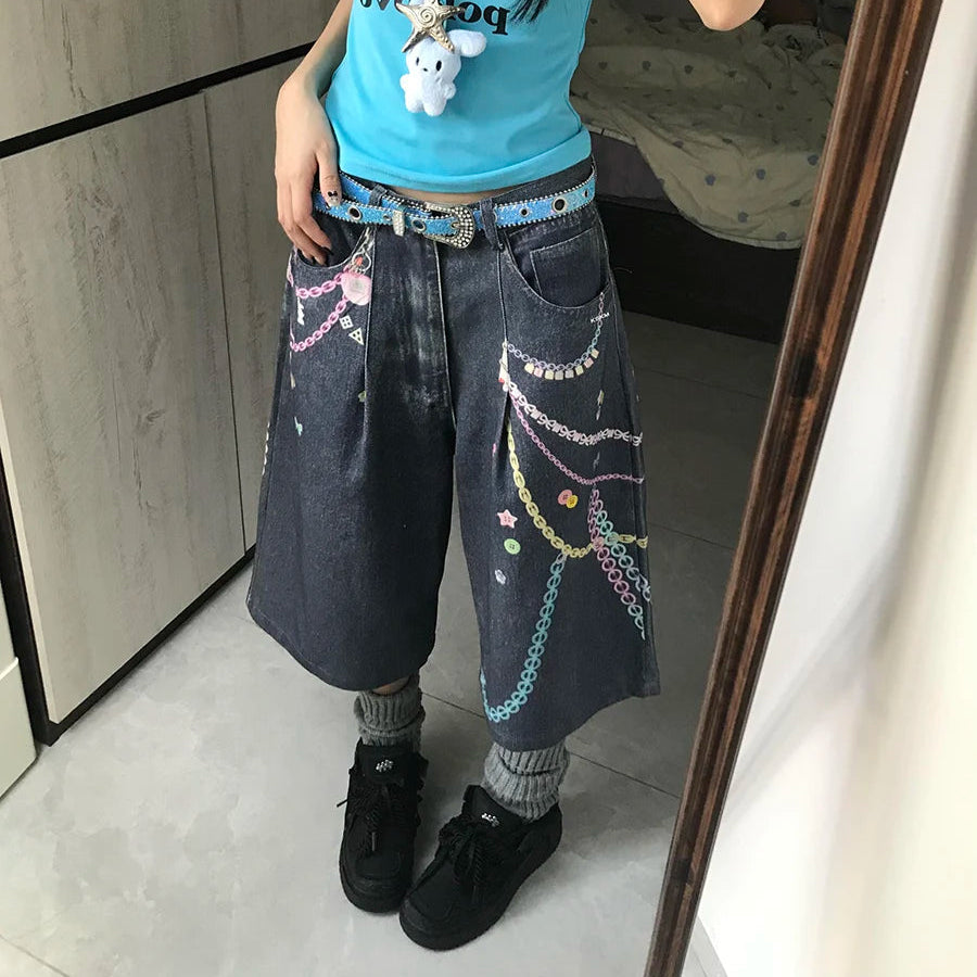 Y2K Graphic Womens Wide Leg Denim Shorts Jorts