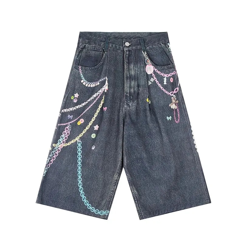 Y2K Graphic Womens Wide Leg Denim Shorts Jorts