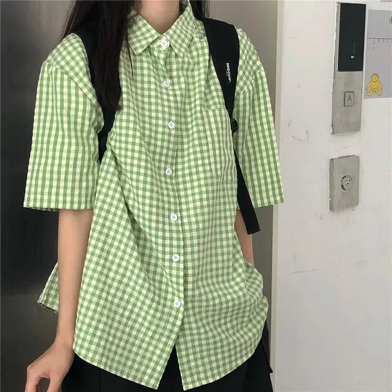 Y2K Green Plaid Oversized Short Sleeve Button Up Shirt