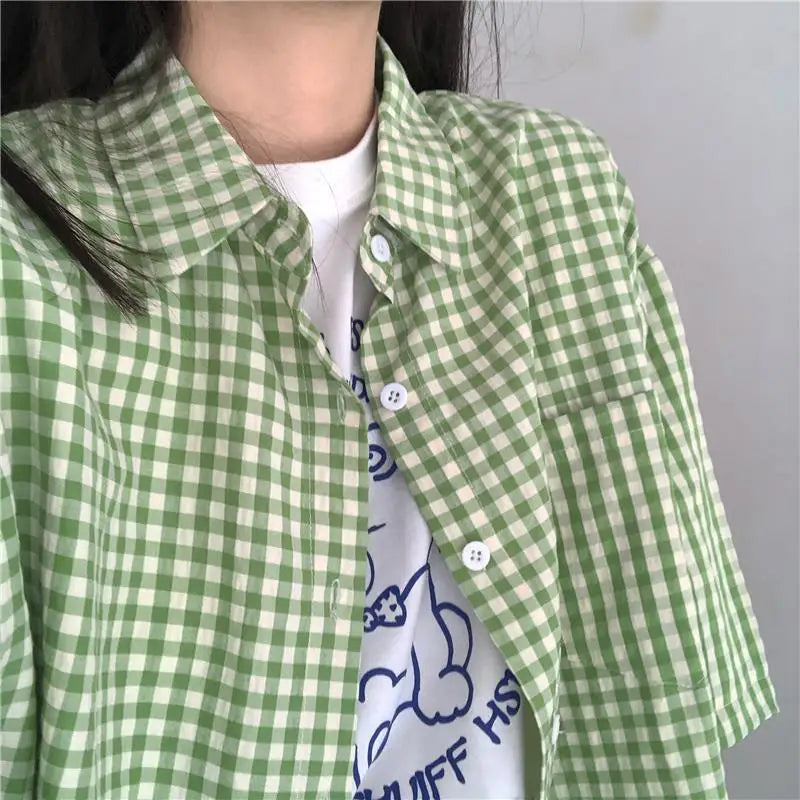 Y2K Green Plaid Oversized Short Sleeve Button Up Shirt