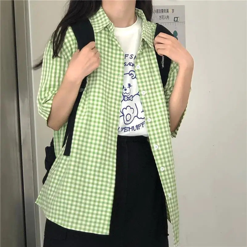 Y2K Green Plaid Oversized Short Sleeve Button Up Shirt