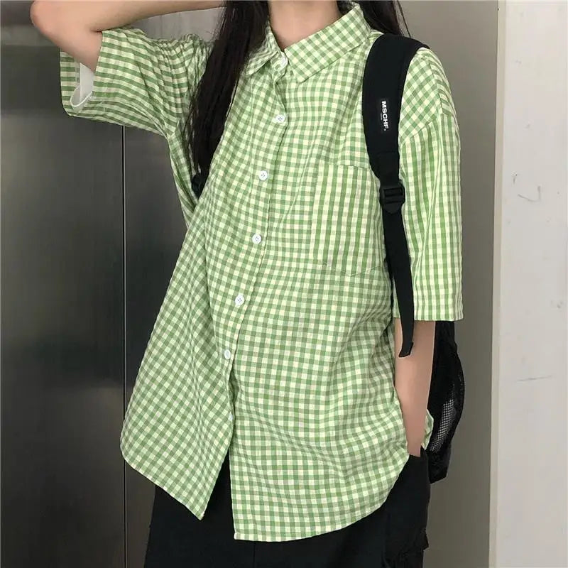 Y2K Green Plaid Oversized Short Sleeve Button Up Shirt