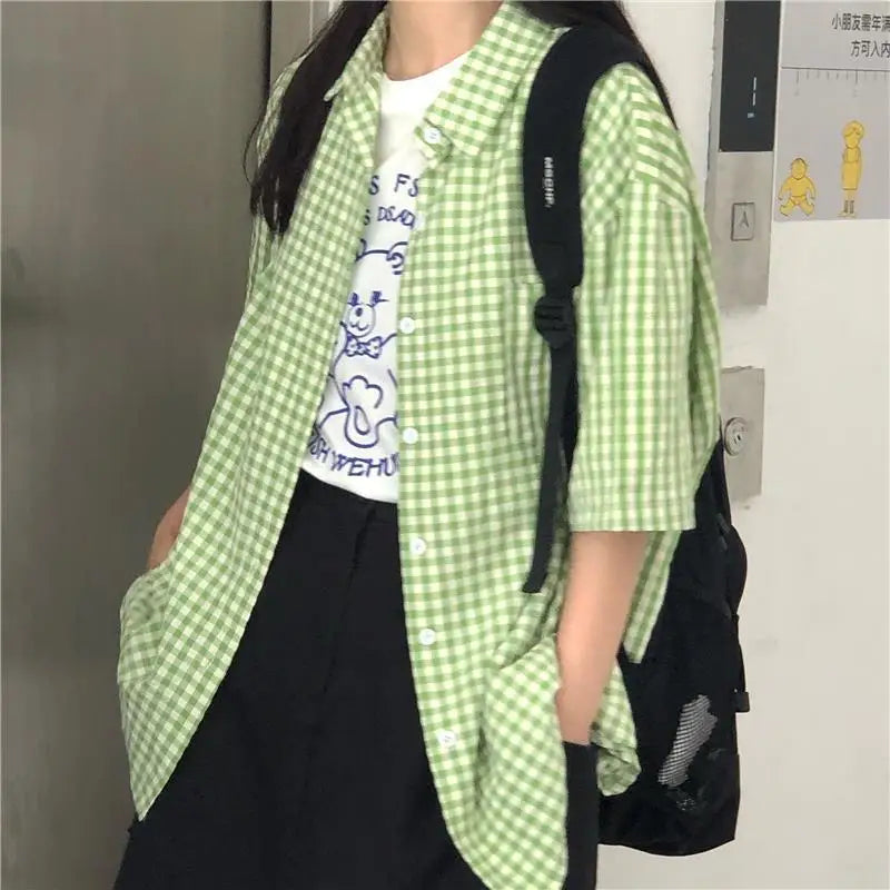 Y2K Green Plaid Oversized Short Sleeve Button Up Shirt