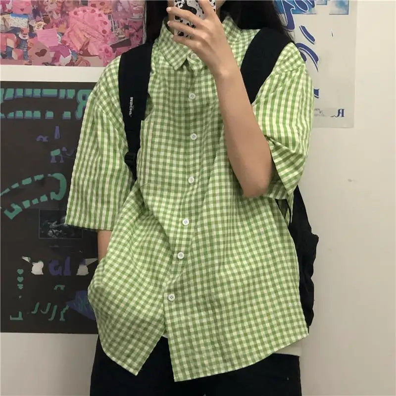 Y2K Green Plaid Oversized Short Sleeve Button Up Shirt