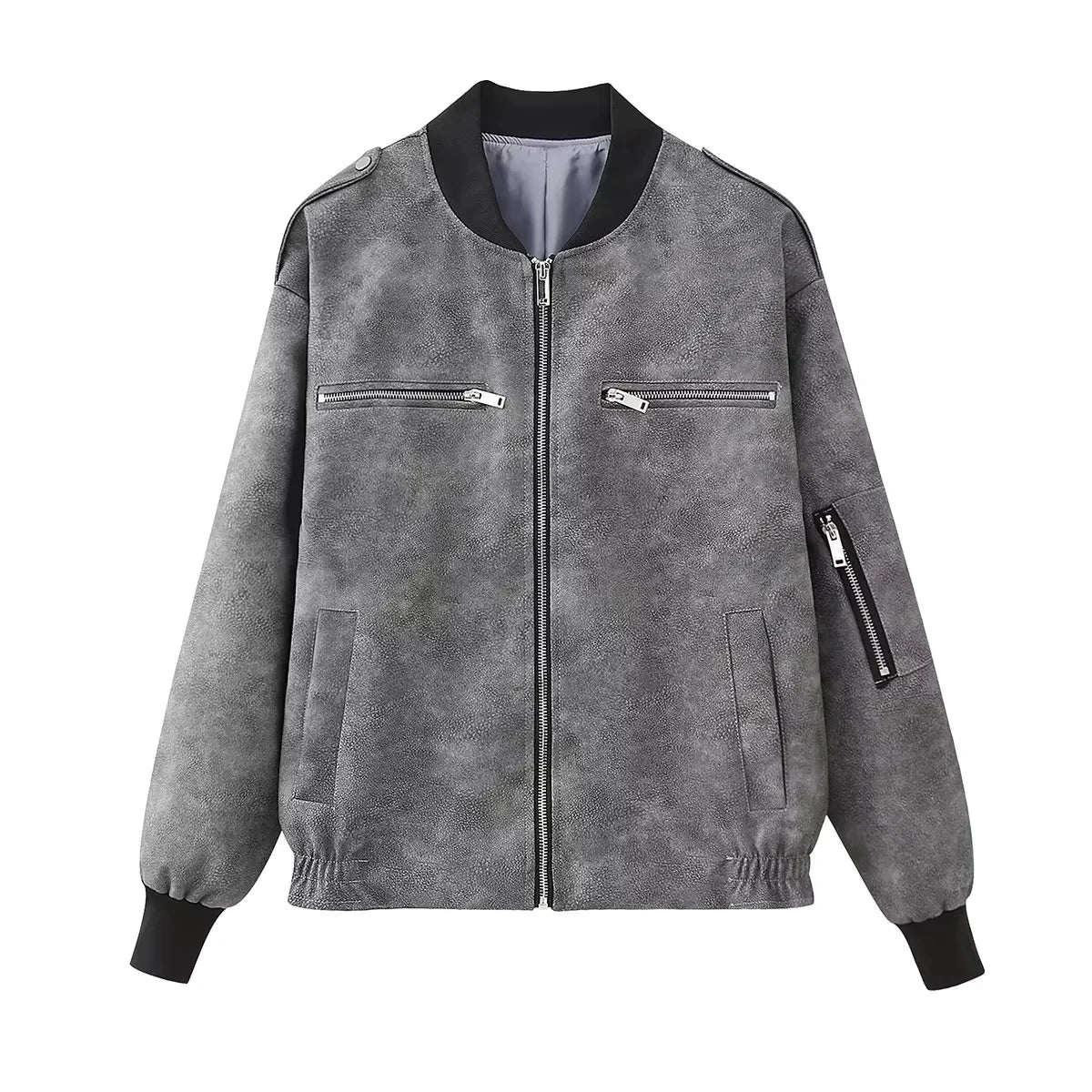 Y2K Grey Leather Bomber Jacket