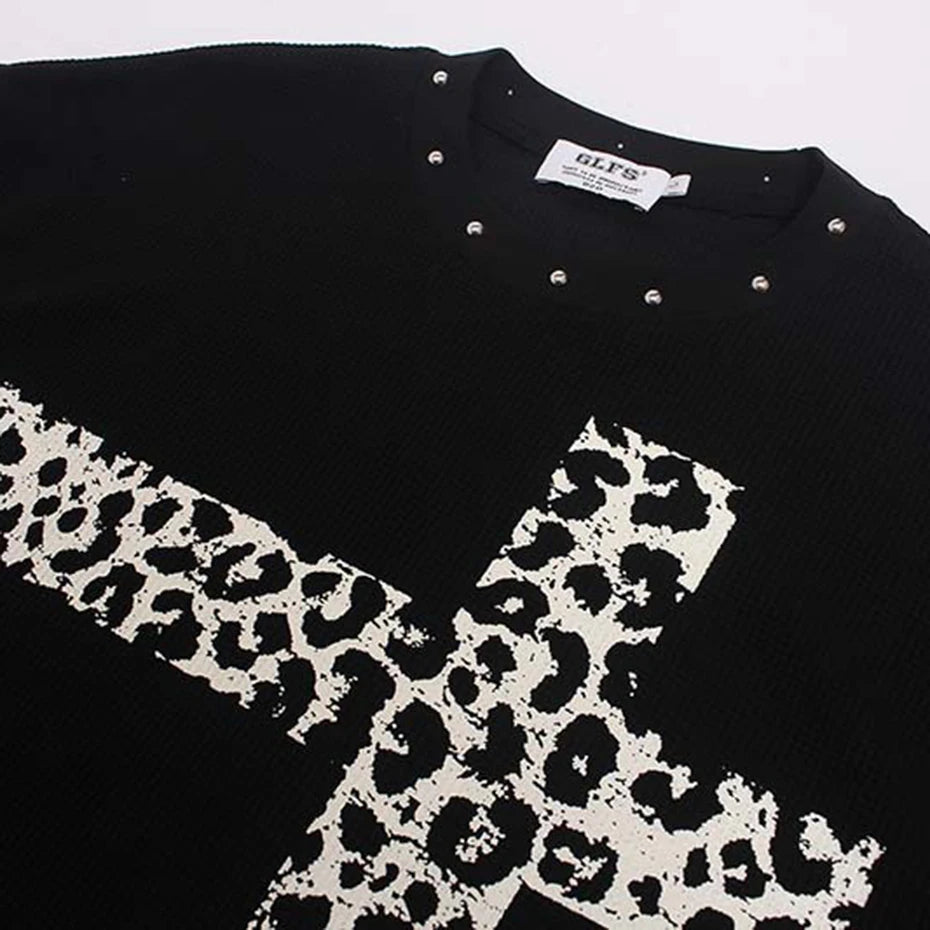Y2K Grey Scale Leopard Print Cross Long Sleeve Top