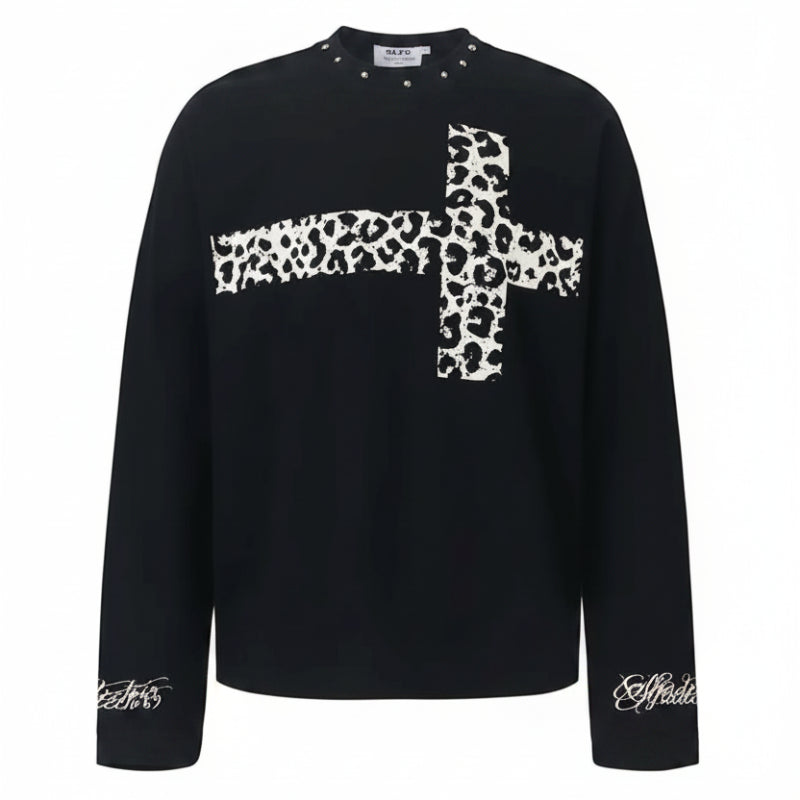 Y2K Grey Scale Leopard Print Cross Long Sleeve Top