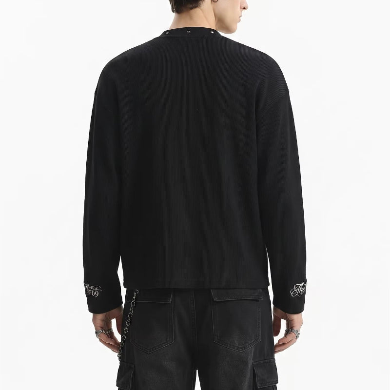 Y2K Grey Scale Leopard Print Cross Long Sleeve Top
