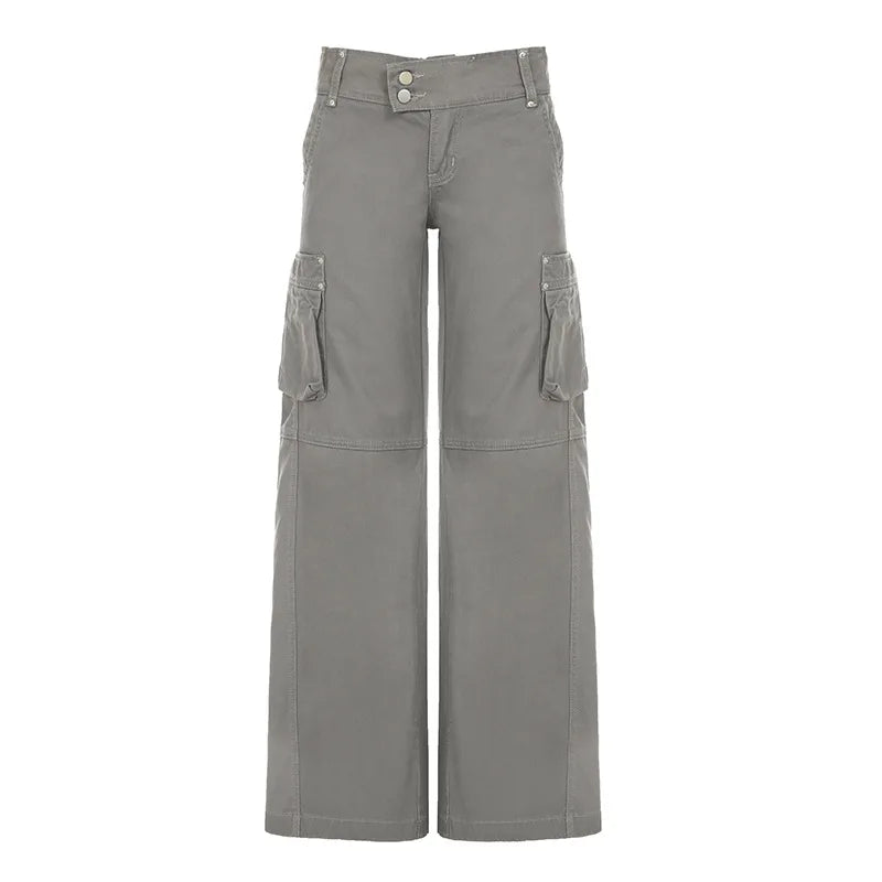 Y2K Grey Workwear Straight Leg Low Waist Cargo Trousers