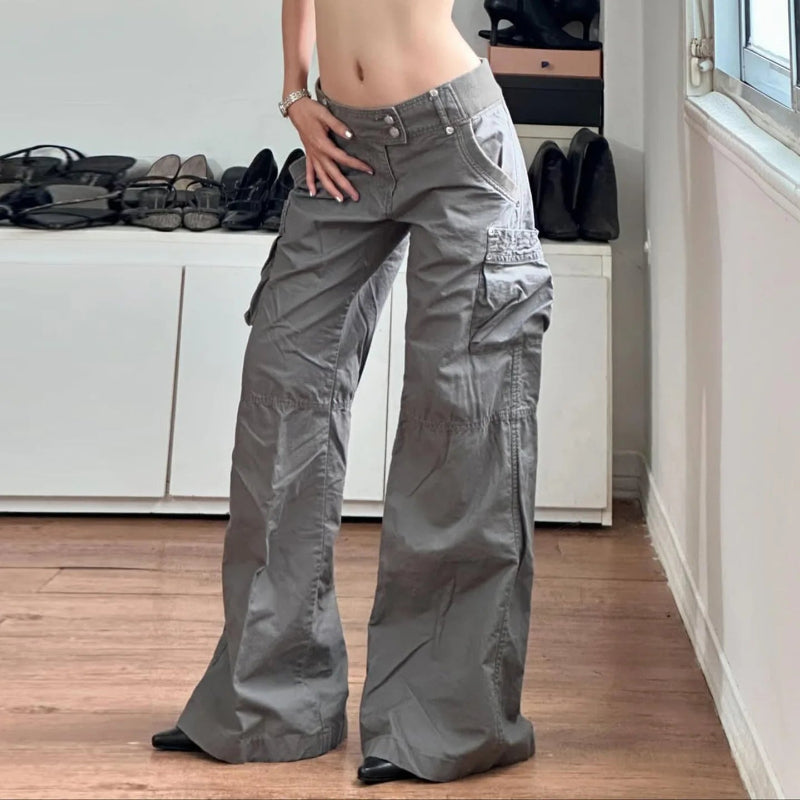 Y2K Grey Workwear Straight Leg Low Waist Cargo Trousers