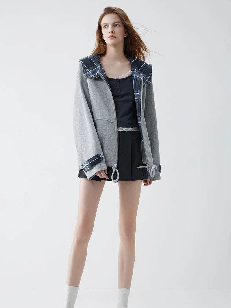Y2K Grey Zip Up Plaid Accent Hoodie