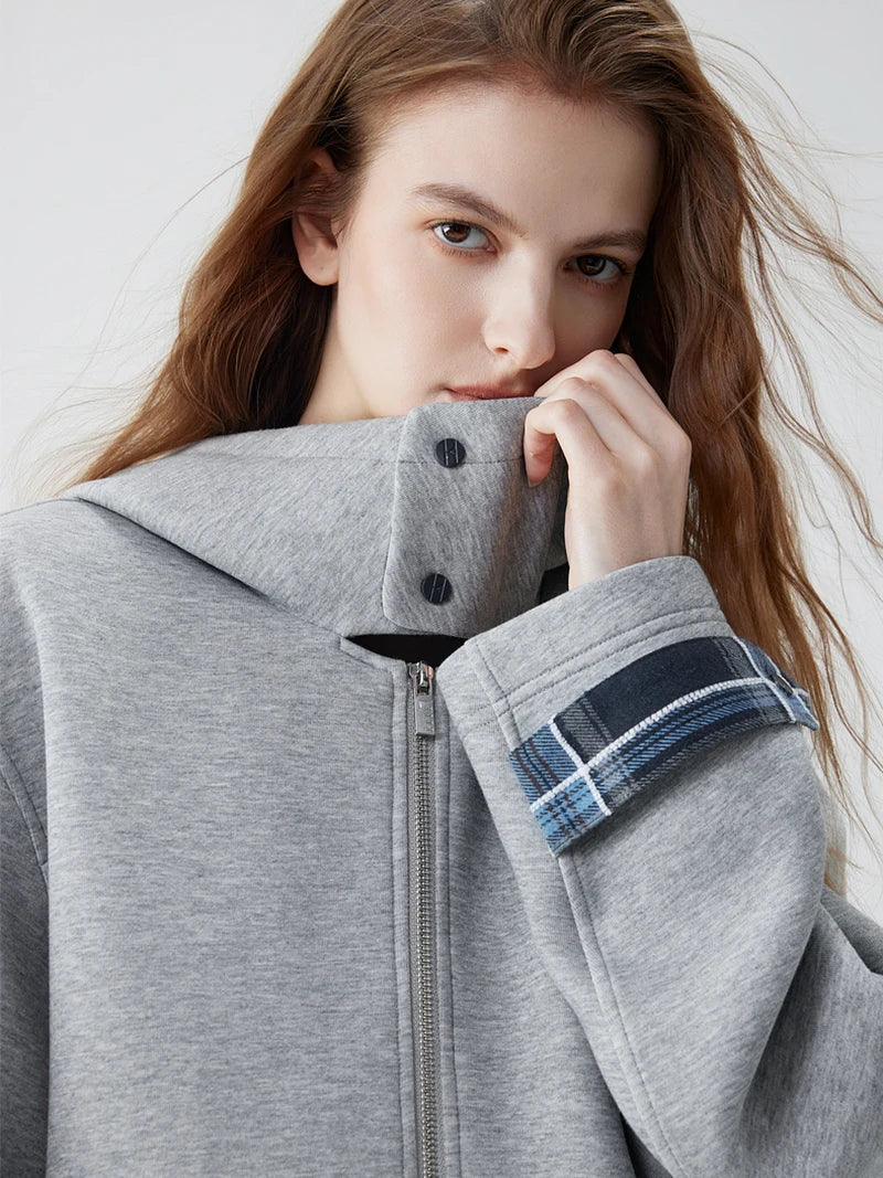 Y2K Grey Zip Up Plaid Accent Hoodie