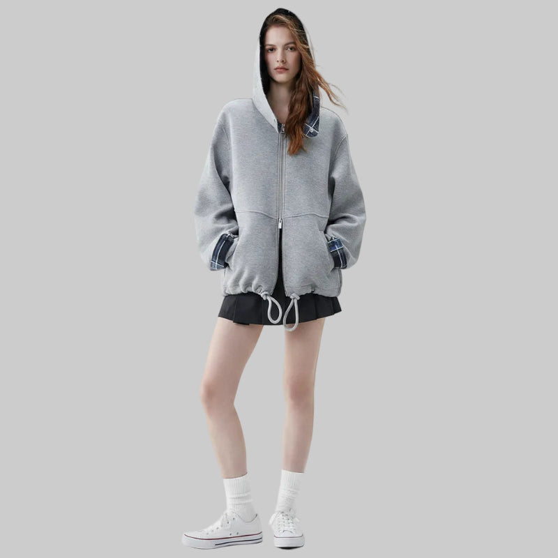 Y2K Grey Zip Up Plaid Accent Hoodie