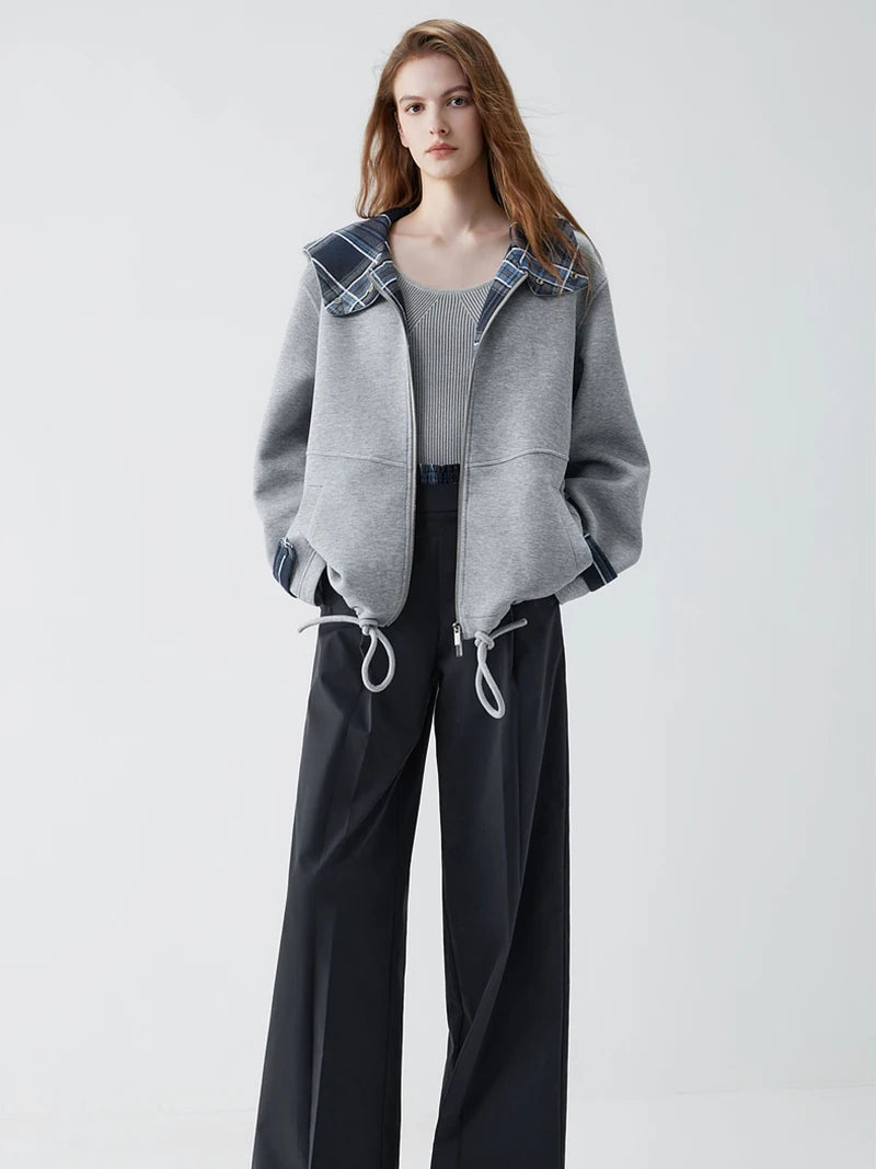Y2K Grey Zip Up Plaid Accent Hoodie