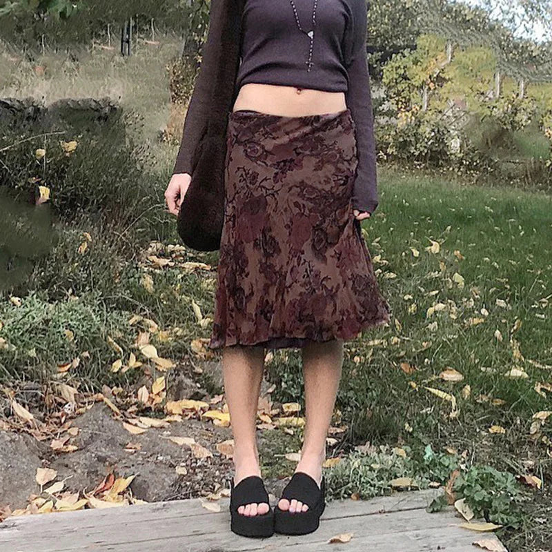 Y2K Grunge Brown Mesh Low Waist Midi Skirts