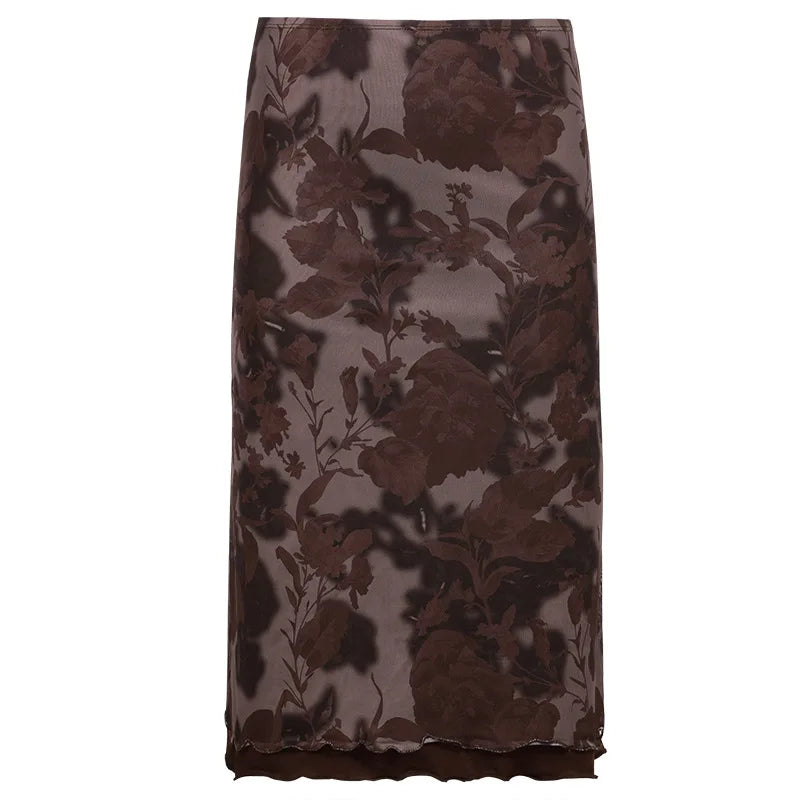 Y2K Grunge Brown Mesh Low Waist Midi Skirts