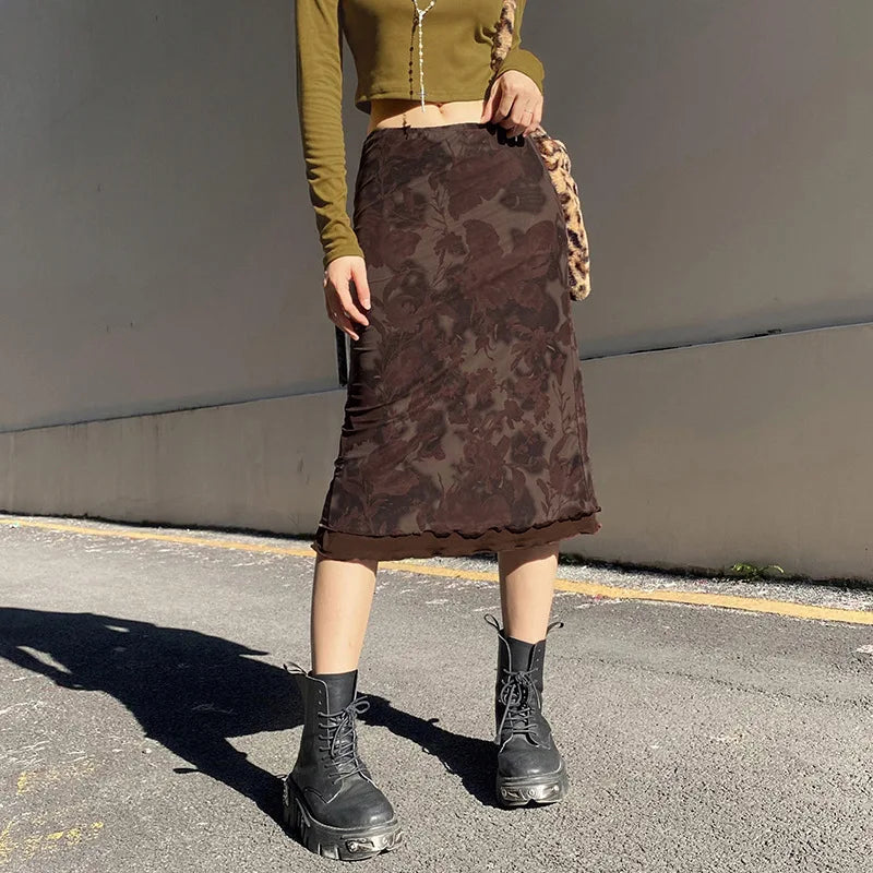 Y2K Grunge Brown Mesh Low Waist Midi Skirts