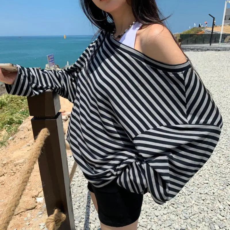 Y2K Grunge Off Shoulder Striped Long Sleeve Top