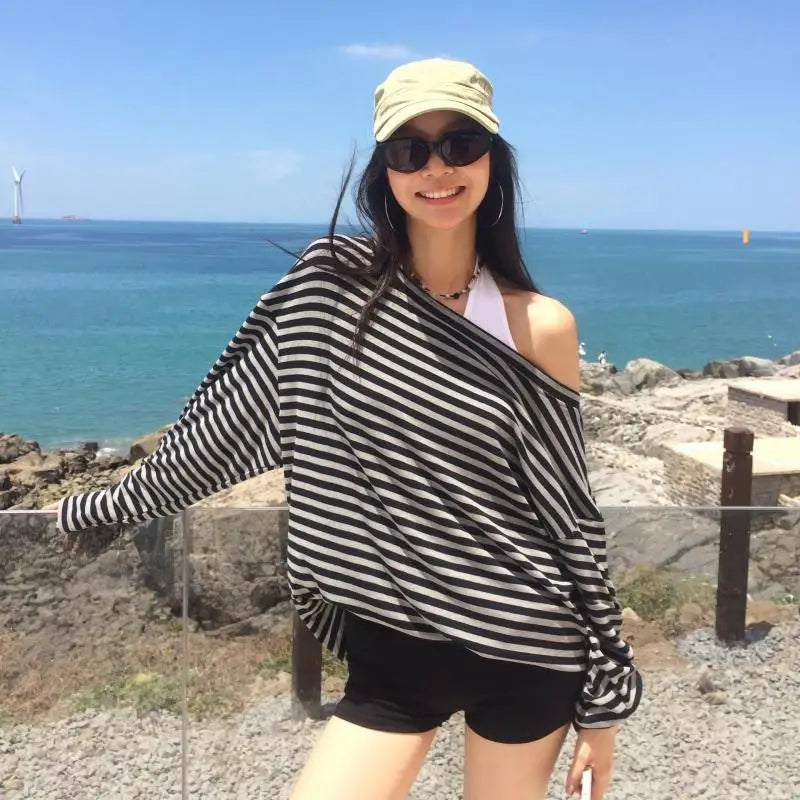 Y2K Grunge Off Shoulder Striped Long Sleeve Top