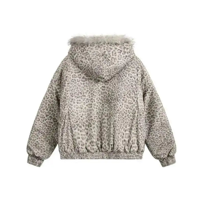 Y2K Grunge Snow Leopard Print Faux Fur Zip Up Hooded Jacket