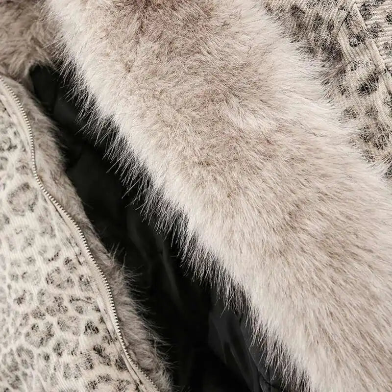 Y2K Grunge Snow Leopard Print Faux Fur Zip Up Hooded Jacket
