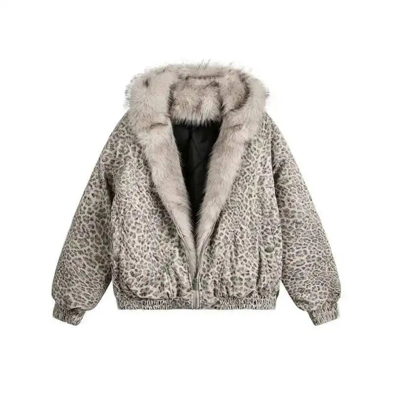 Y2K Grunge Snow Leopard Print Faux Fur Zip Up Hooded Jacket