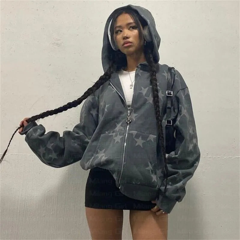 Y2K Grunge Star Zip Up Hoodie