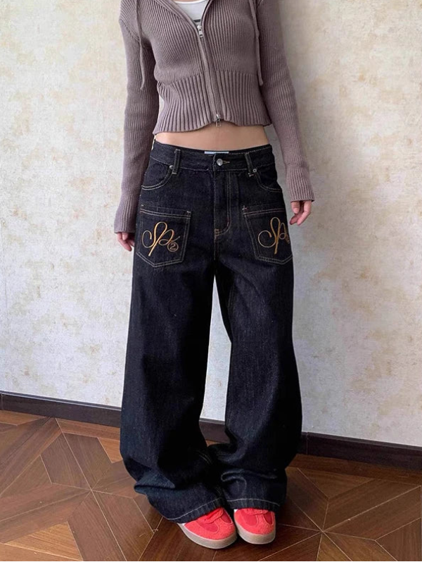 Y2K Grunge Wings Embroidered Graphic Baggy Low Rise Jeans