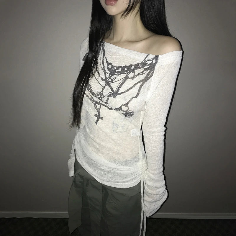 Y2K Hanging Chains Airy Long Sleeve Graphic Off Shoulder Top