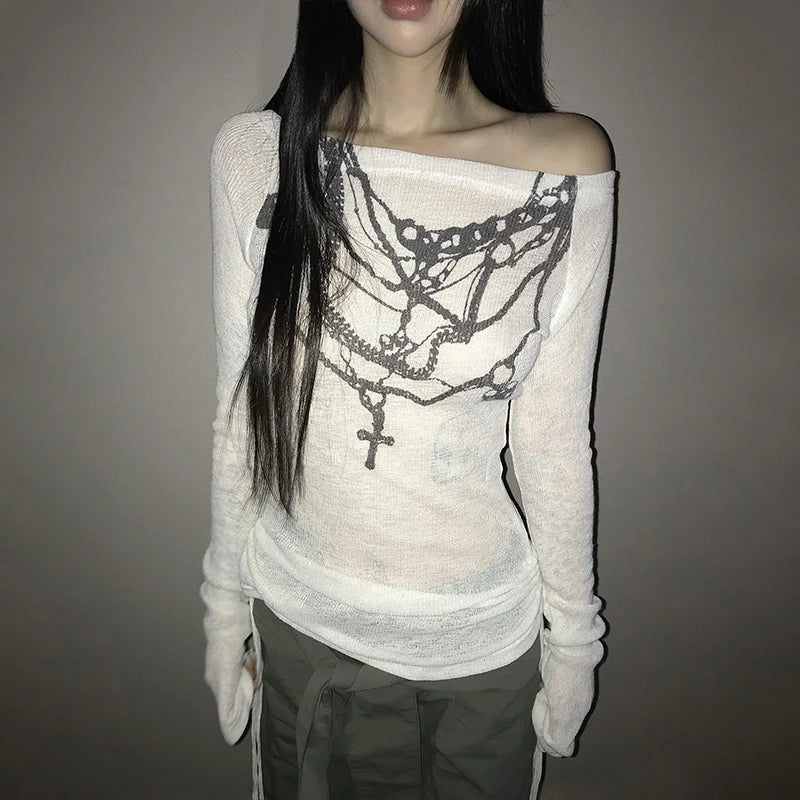 Y2K Hanging Chains Airy Long Sleeve Graphic Off Shoulder Top