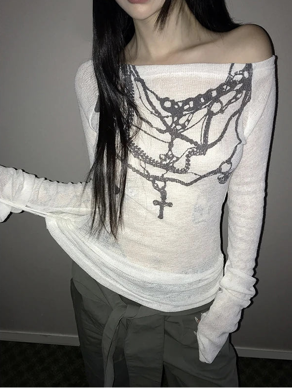 Y2K Hanging Chains Airy Long Sleeve Graphic Off Shoulder Top