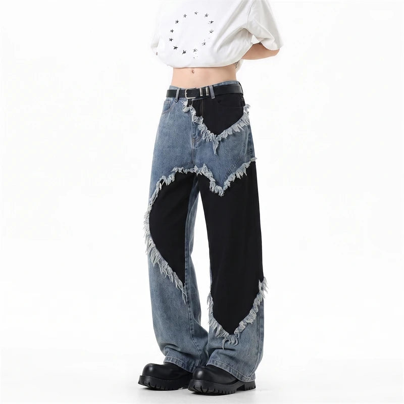Y2K Heart Patchwork Washed Raw Edge Wide Leg Denim Jeans