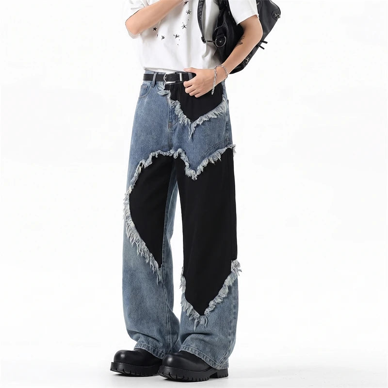 Y2K Heart Patchwork Washed Raw Edge Wide Leg Denim Jeans