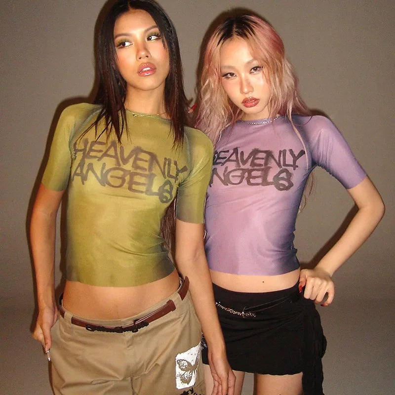 Y2K Heavenly Angels Graphic Crop Top T Shirt