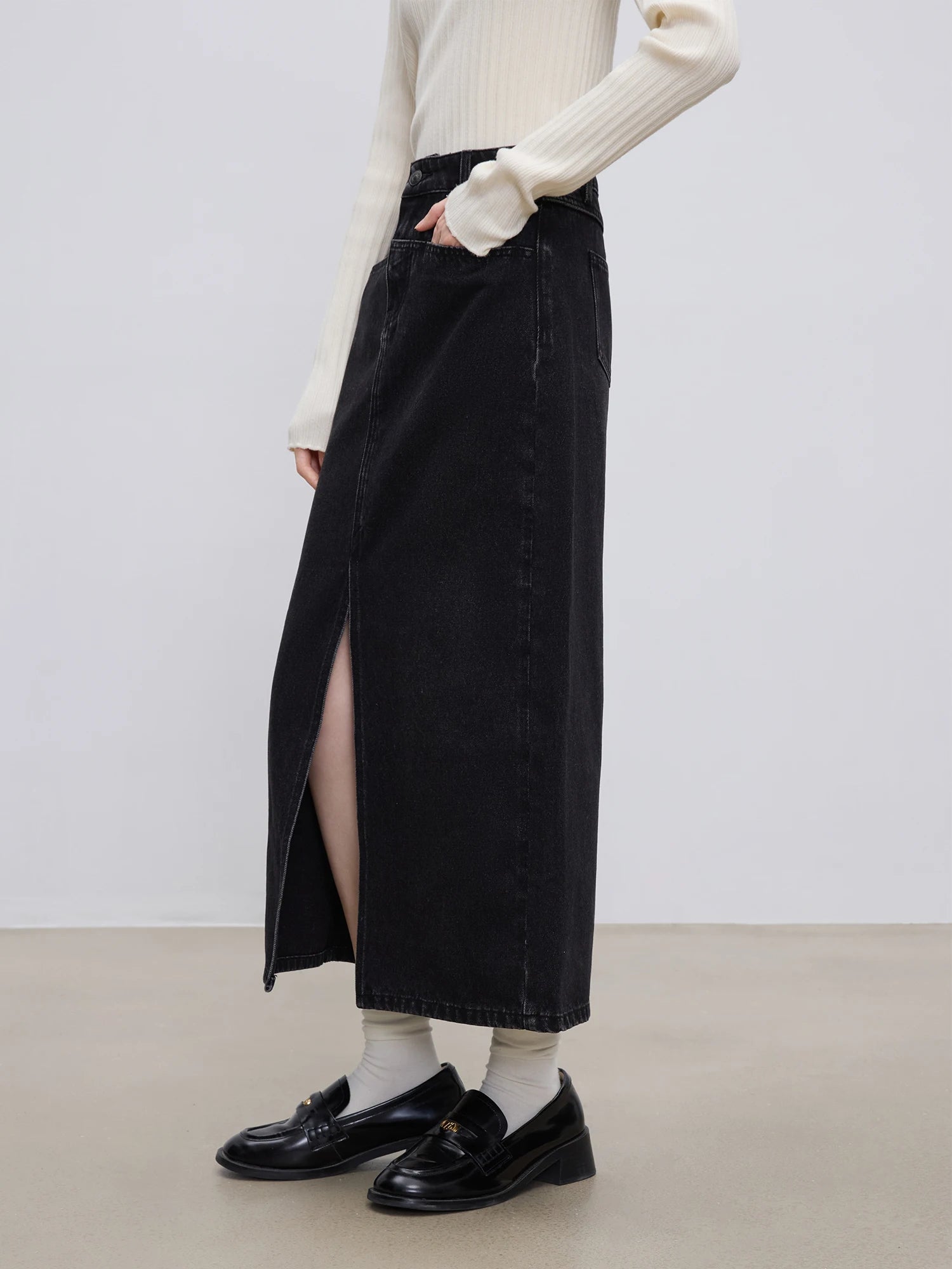 Y2K High Waist Black Denim A-line Split Maxi Skirt