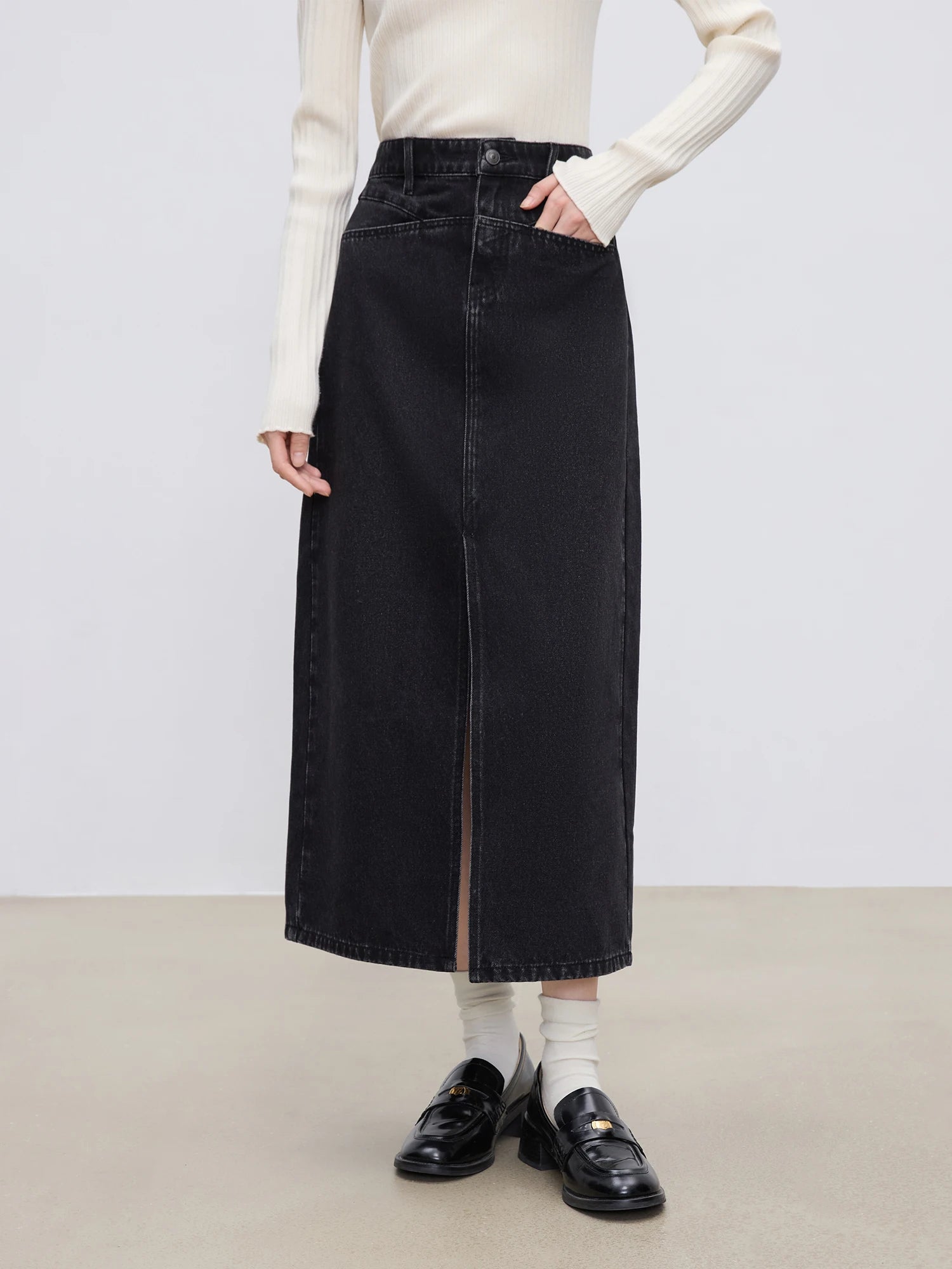 Y2K High Waist Black Denim A-line Split Maxi Skirt
