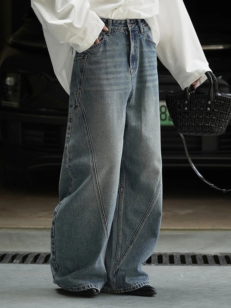 Y2K High Waist Blue Denim Irregular Spliced Barrel Jeans