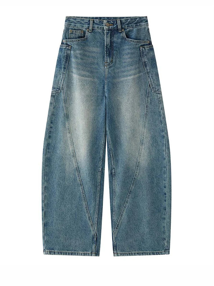 Y2K High Waist Blue Denim Irregular Spliced Barrel Jeans