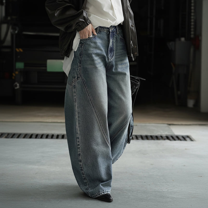 Y2K High Waist Blue Denim Irregular Spliced Barrel Jeans